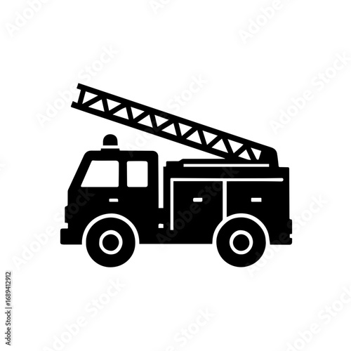 Fire truck silhouette icon - Black silhouette icon of a fire truck with a ladder on top, symbolizing emergency, rescue, safety, and firefighting vehicle.
