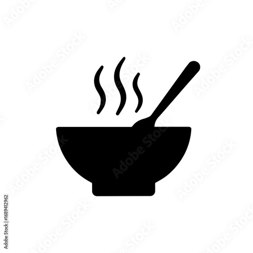 Hot soup bowl icon for food and dining - Black silhouette icon of a steaming bowl with spoon, symbolizing hot soup, meals, comfort food, cooking, and restaurant dining.
