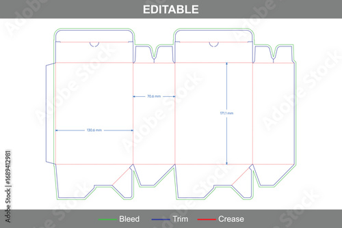 Tuck end box dieline with editable vector die line, printable folding box template, professional packaging layout, and packaging mockup for retail product design
