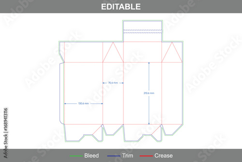 Tuck end box with zipper dieline template with editable vector die line, printable packaging layout, folding box design, and professional packaging mockup for products