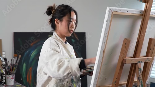Artist painting on canvas in studio
