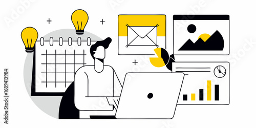 Man working on laptop with calendar lightbulbs email and data charts illustrating business planning and strategy