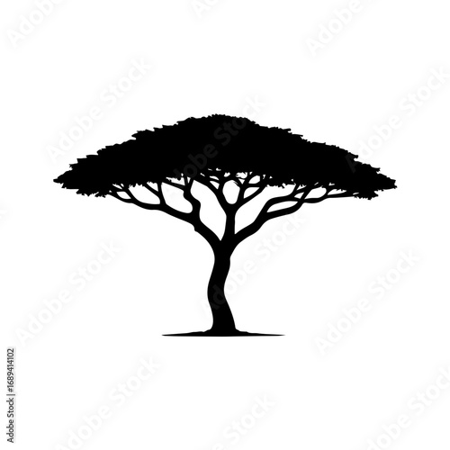 Acacia tree silhouette for nature and safari - Black silhouette illustration of an acacia tree, symbolizing African landscapes, wildlife safari, savanna nature, environment, and ecological wilderness 