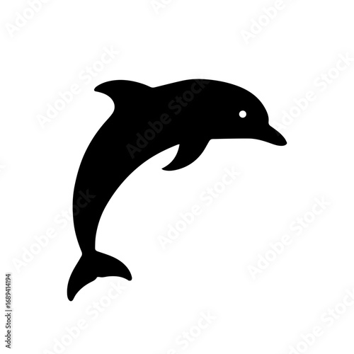 Dolphin silhouette icon - Black silhouette of a jumping dolphin, symbolizing marine life, ocean, sea creatures, playfulness, and aquatic environments.
