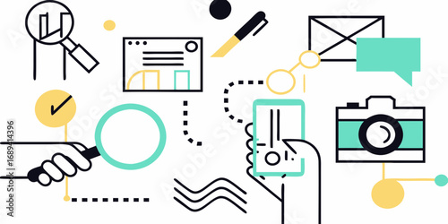Digital marketing and analytics concept with icons for research communication and content creation