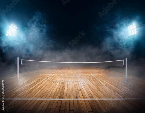 illuminated wooden volleyball court with smoke volleyball sport illuminated wooden court smoke outdoor competition game