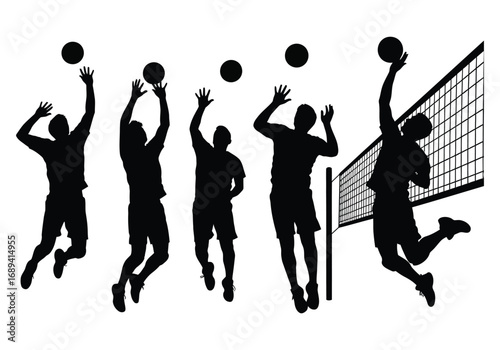 Volleyball players in silhouette jumping and spiking near a net vector illustration