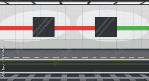Modern subway station platform with tracks and illuminated lines graphic illustration vector