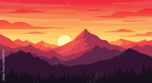 Vibrant mountain sunset landscape vibrant hues sky sun clouds horizon serenity vector