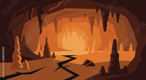 Mysterious illuminated cave interior with stalactites stalagmites and glowing light source vector