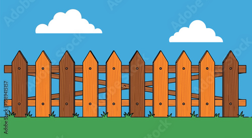 Charming wooden picket fence under blue sky with fluffy clouds vector