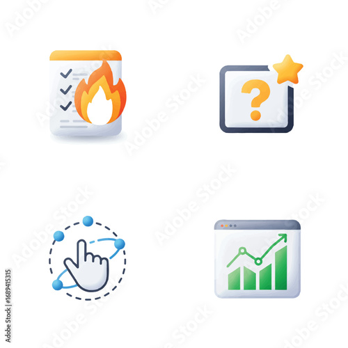 Unique Flat Vector Survey & Interaction Icons: Poll Chart, Question Box, Voting Hand, Bar Chart - Digital Feedback & Analytics