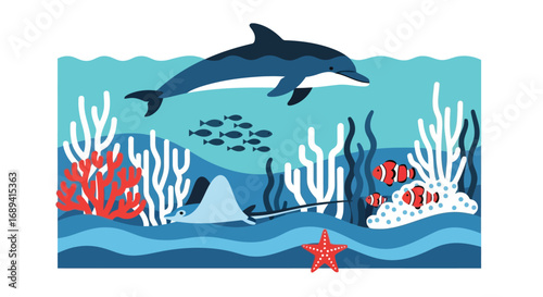 Vibrant underwater scene dolphin school fish coral reef aquatic life vector