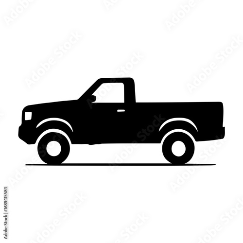 Pickup truck silhouette icon - Black silhouette of a pickup truck, representing transportation, utility vehicle, cargo transport, construction, and outdoor work.
