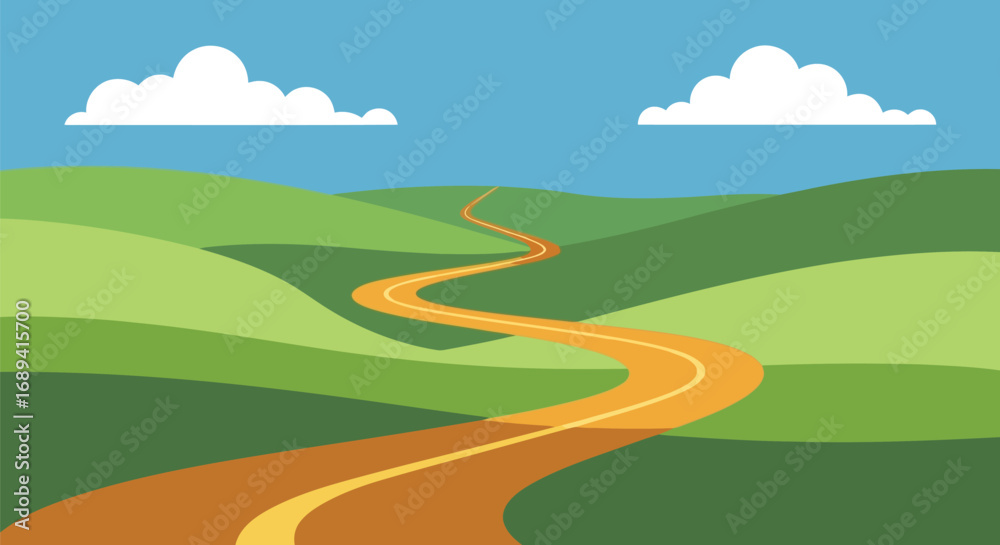 Fototapeta premium Winding country road through lush green hills under a blue sky with clouds vector