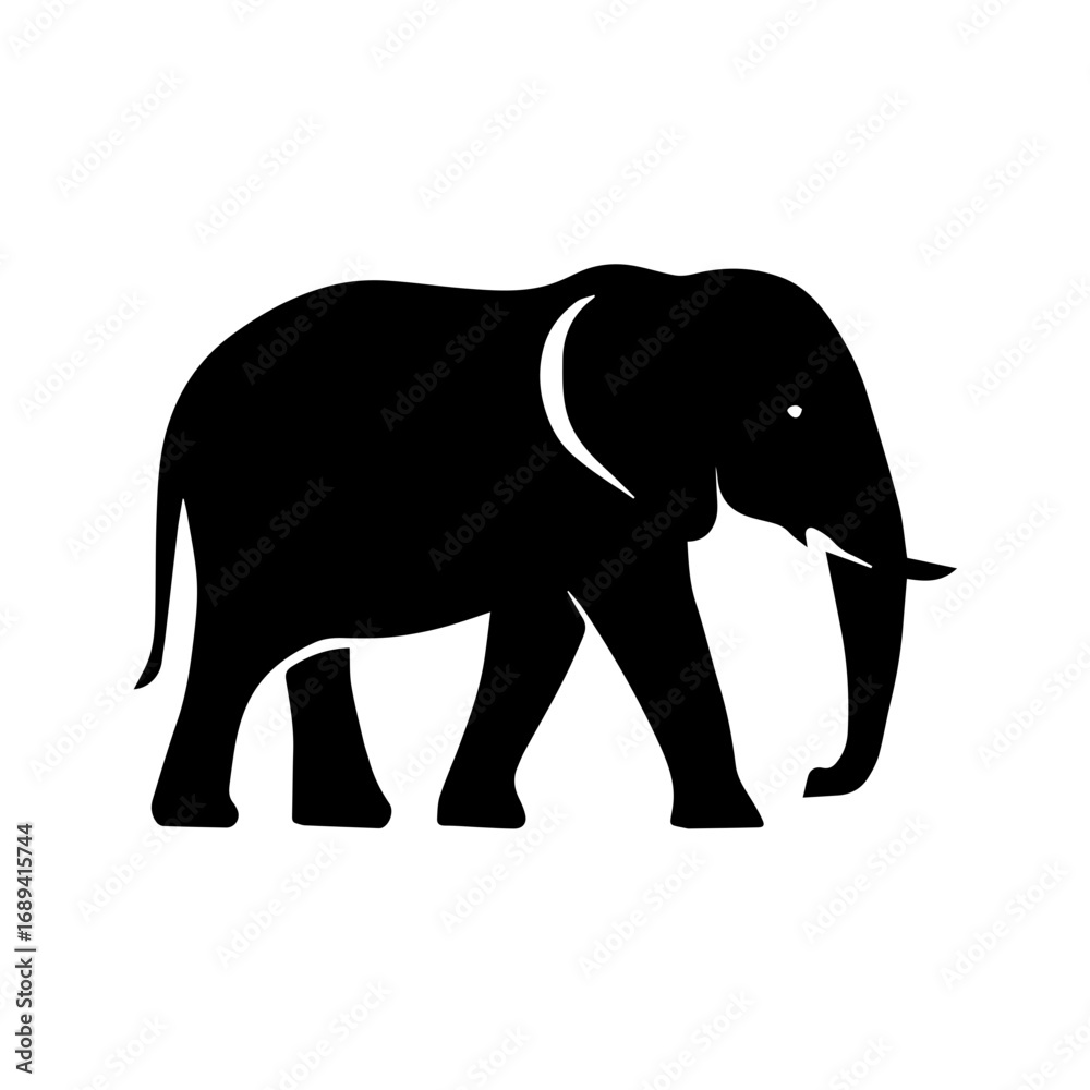 Obraz premium Elephant silhouette wild animal icon - Black silhouette of an elephant with tusks, symbolizing wildlife, nature, strength, safari, jungle, and conservation of endangered animals. 