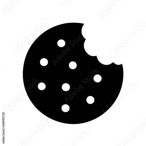 Chocolate chip cookie bitten dessert icon - Black silhouette icon of a bitten cookie with chocolate chips, symbolizing dessert, snack, sweetness, bakery, and homemade treats.
