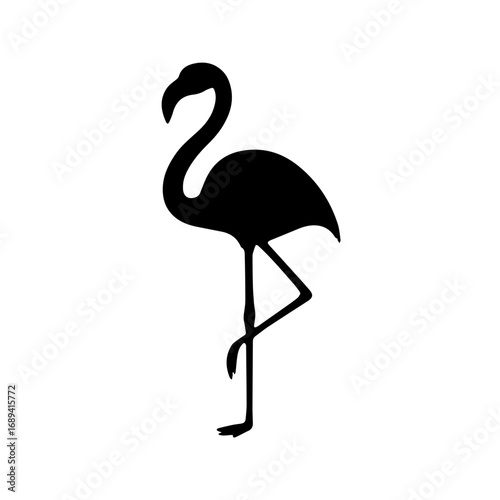 Flamingo bird standing silhouette icon - Black silhouette of a flamingo bird standing on one leg, symbolizing exotic wildlife, nature, tropics, wetland, and elegant animal life.
