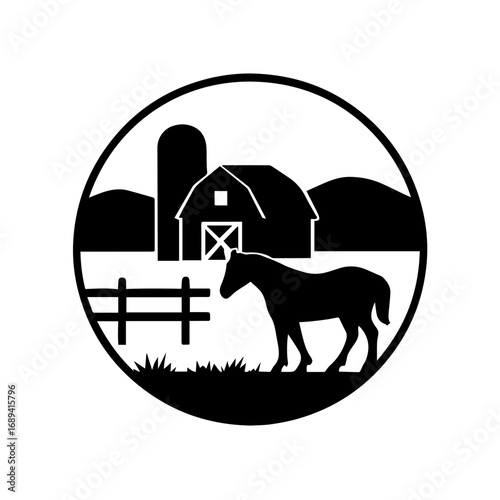 Horse farm landscape with barn silhouette icon - Black silhouette illustration of a farm with barn, fence, and horse, symbolizing agriculture, countryside, rural lifestyle, and traditional farming.
