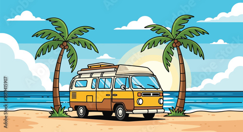 Retro camper van tropical beach palm trees summer vacation adventure vector