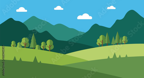 Vibrant rolling green hills and majestic mountains under a clear blue sky vector