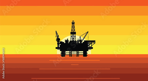 Oil rig silhouette against vibrant orange sunset energy industry offshore drilling abstract vector