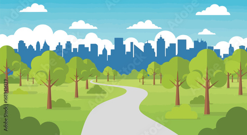 Urban green park landscape city skyline nature path trees clouds sky illustration vector