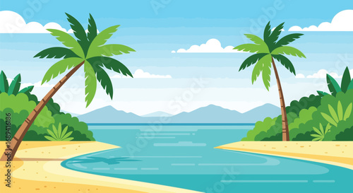 Tropical island paradise serene beach palm trees calm ocean scenic landscape vector