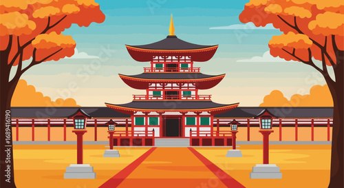 Vibrant japanese temple architecture autumn season serene landscape travel destination vector