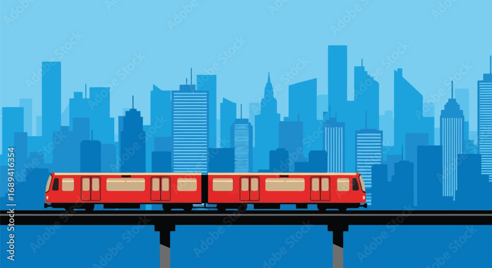 Obraz premium Modern red train moving on elevated track against futuristic city skyline background transportation concept vector