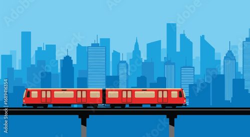 Modern red train moving on elevated track against futuristic city skyline background transportation concept vector