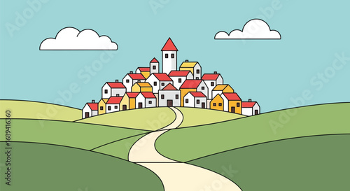 Charming hilltop village with winding path under a clear blue sky with clouds vector