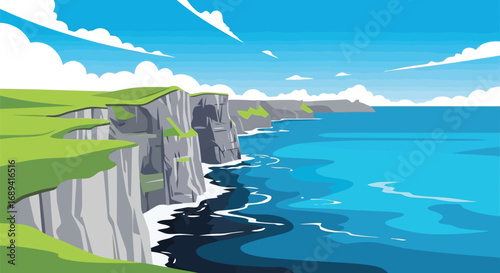 Vibrant coastal landscape scenic ocean cliffs green hills under bright blue sky vector