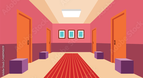 Illuminated corridor with red carpet and doors leading to rooms vector