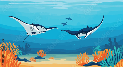 Majestic manta rays swim gracefully underwater coral reef ocean life wildlife vector