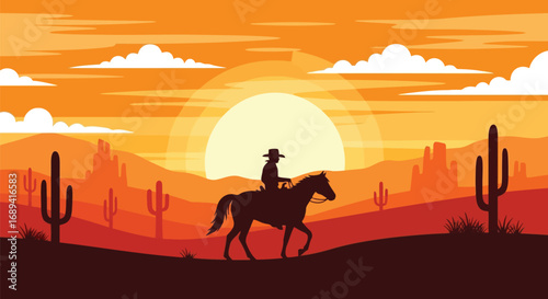 Silhouette cowboy riding horse desert sunset vast landscape dramatic sky orange hues vector