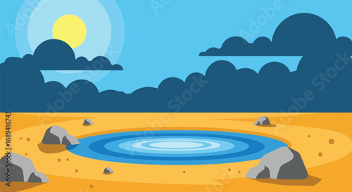 Stylized desert oasis landscape with sun clouds and rocks simple cartoon art vector