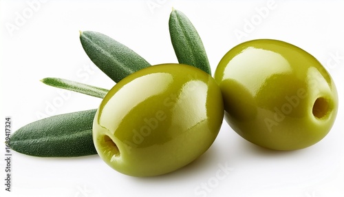 two green olives on white background with an olive branch