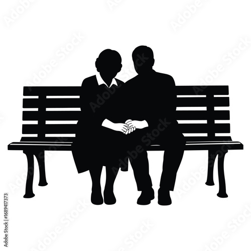 Silhouette of an elderly couple holding hands on a park bench vector illustration