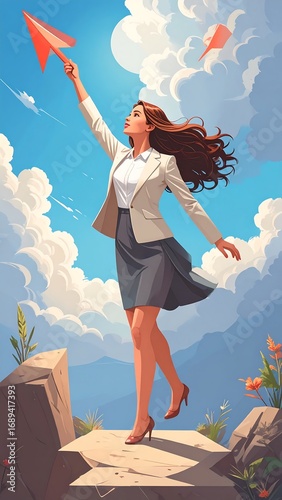 Woman launching paper airplane, reaching for goals