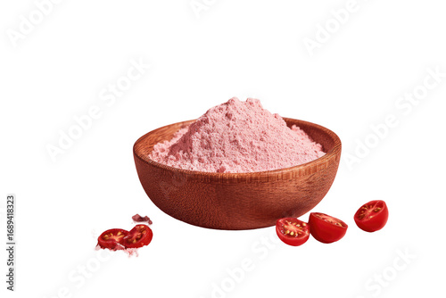 Pink powder in a wooden bowl, with fresh cherry tomatoes