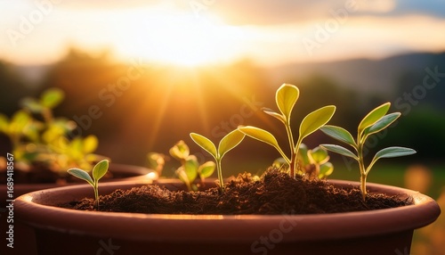 piante appena nate in un vaso al tramonto