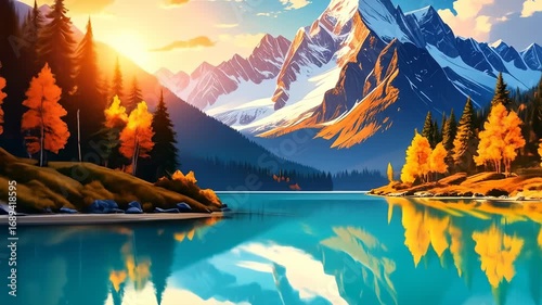 Autumn lake reflecting majestic mountains
