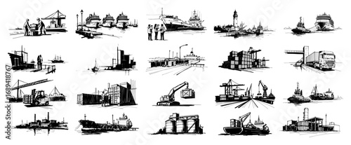 Sea port and shipping sketch collection with harbor cranes and cargo ships