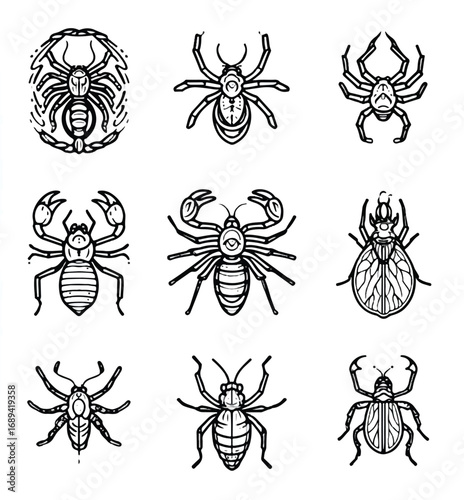 Collection of Nine Stylized Insect and Arachnid Illustrations in a Grid Format Black and White