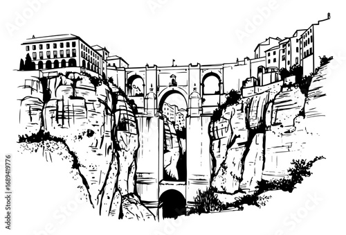 Hand drawn Puente Nuevo bridge in Ronda sketch