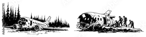 Plane crash wreckage forest scene sketch