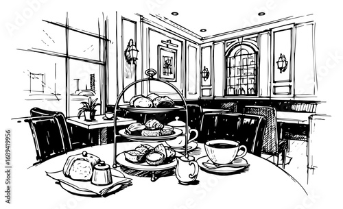 Cafe interior afternoon tea pastry sketch vector