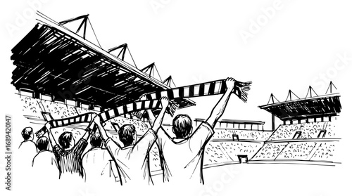 Football fans cheering with a scarf in the stadium sketch