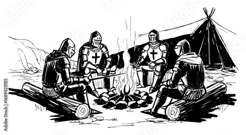 Medieval knights in armor sitting around a campfire